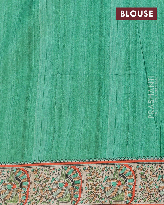 Semi tussar saree cream and light green with butta prints and madhubani printed pallu