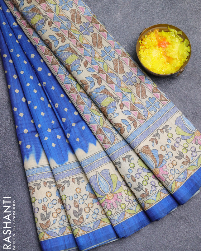 Semi tussar saree blue and beige with bandhani butta prints and madhubani printed pallu
