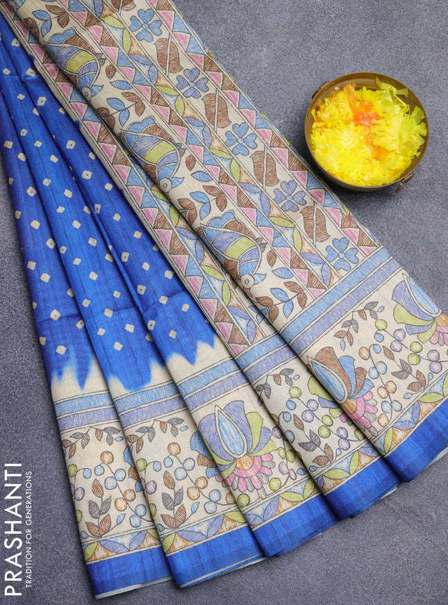 Semi tussar saree blue and beige with bandhani butta prints and madhubani printed pallu