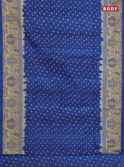 Semi tussar saree blue and beige with bandhani butta prints and madhubani printed pallu