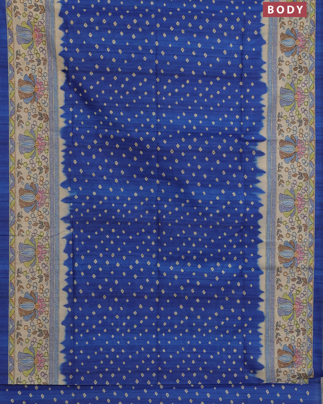 Semi tussar saree blue and beige with bandhani butta prints and madhubani printed pallu