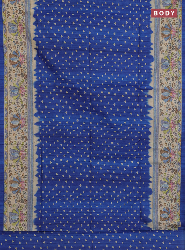 Semi tussar saree blue and beige with bandhani butta prints and madhubani printed pallu