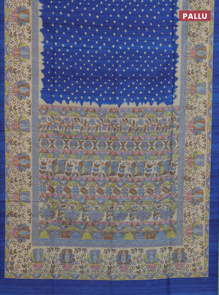 Semi tussar saree blue and beige with bandhani butta prints and madhubani printed pallu