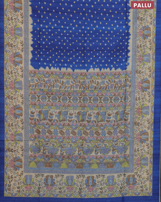 Semi tussar saree blue and beige with bandhani butta prints and madhubani printed pallu
