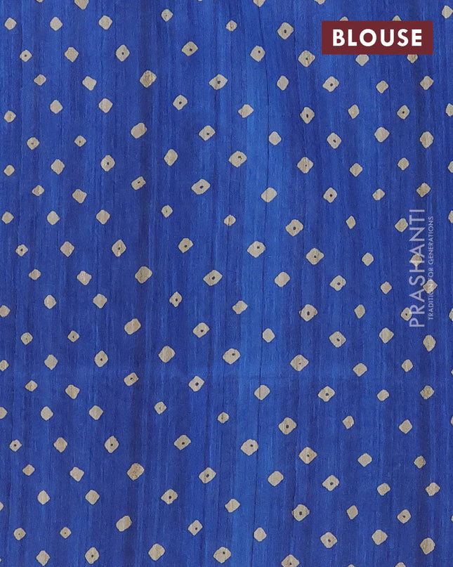 Semi tussar saree blue and beige with bandhani butta prints and madhubani printed pallu