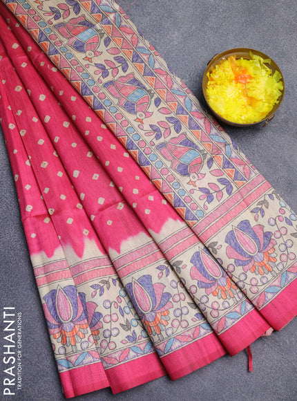 Semi tussar saree pink and beige with bandhani butta prints and madhubani printed pallu