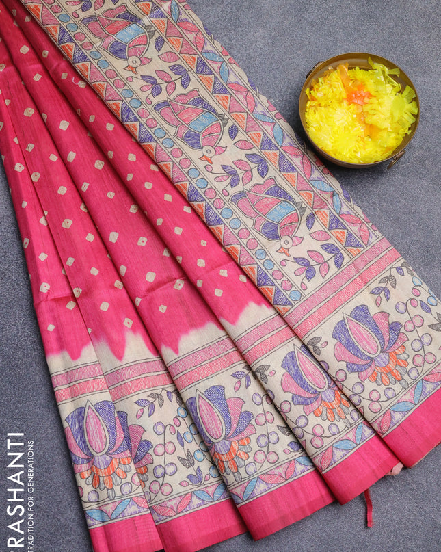 Semi tussar saree pink and beige with bandhani butta prints and madhubani printed pallu
