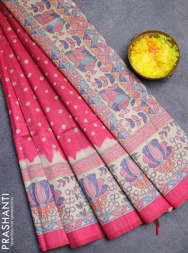 Semi tussar saree pink and beige with bandhani butta prints and madhubani printed pallu