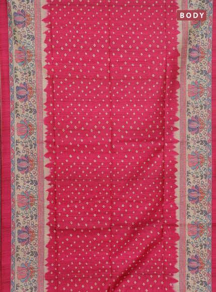 Semi tussar saree pink and beige with bandhani butta prints and madhubani printed pallu