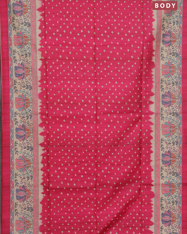 Semi tussar saree pink and beige with bandhani butta prints and madhubani printed pallu