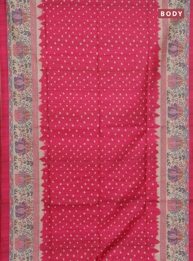 Semi tussar saree pink and beige with bandhani butta prints and madhubani printed pallu