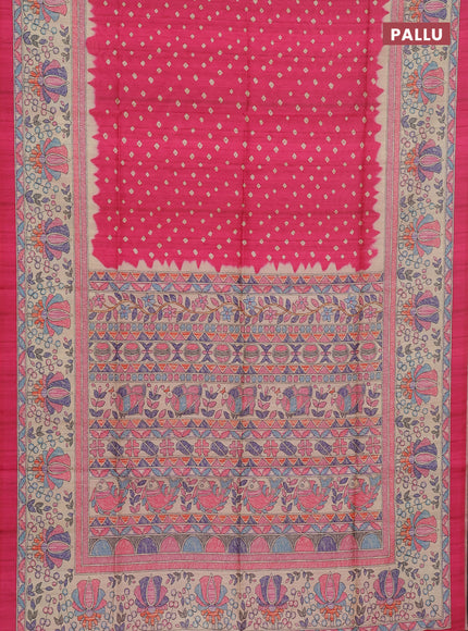 Semi tussar saree pink and beige with bandhani butta prints and madhubani printed pallu