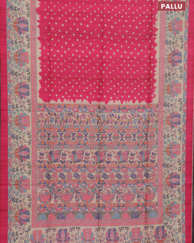 Semi tussar saree pink and beige with bandhani butta prints and madhubani printed pallu