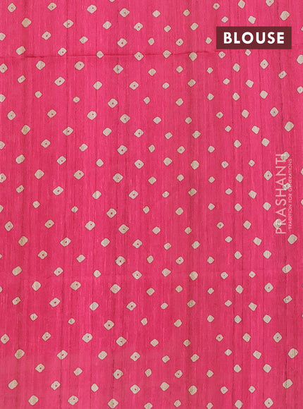 Semi tussar saree pink and beige with bandhani butta prints and madhubani printed pallu