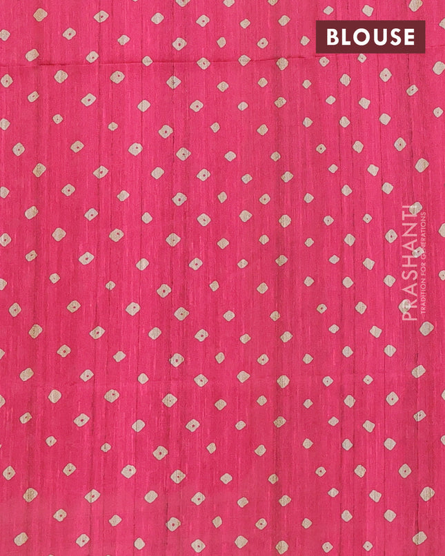 Semi tussar saree pink and beige with bandhani butta prints and madhubani printed pallu