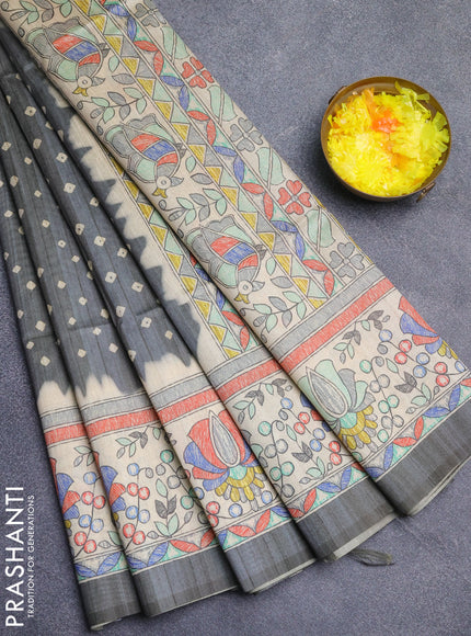 Semi tussar saree grey and beige with bandhani butta prints and madhubani printed pallu