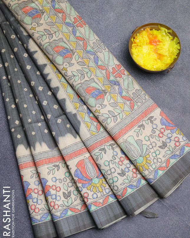 Semi tussar saree grey and beige with bandhani butta prints and madhubani printed pallu