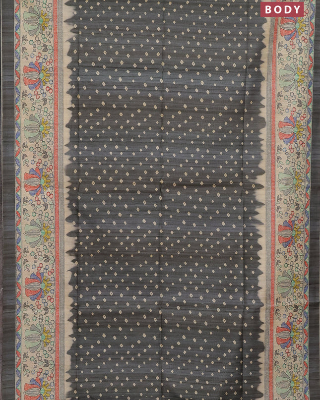 Semi tussar saree grey and beige with bandhani butta prints and madhubani printed pallu