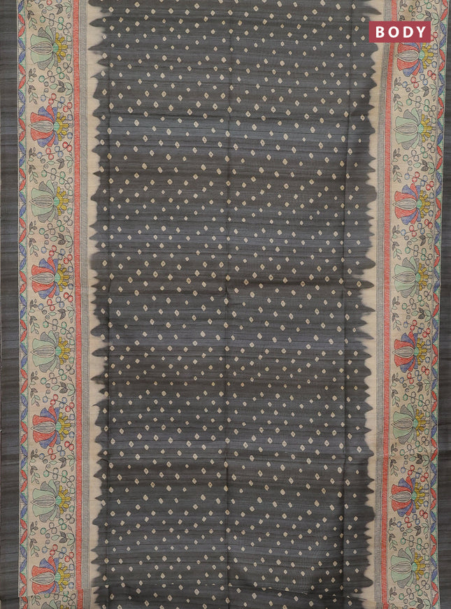 Semi tussar saree grey and beige with bandhani butta prints and madhubani printed pallu