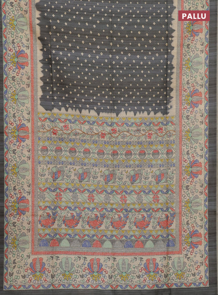 Semi tussar saree grey and beige with bandhani butta prints and madhubani printed pallu
