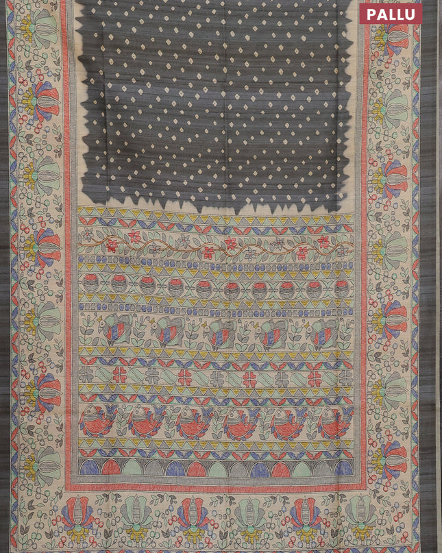 Semi tussar saree grey and beige with bandhani butta prints and madhubani printed pallu