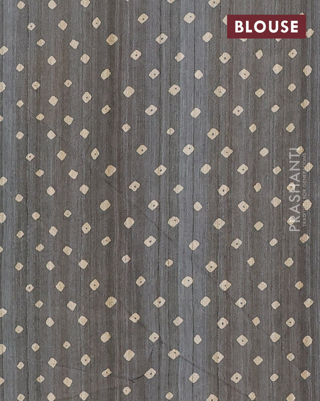 Semi tussar saree grey and beige with bandhani butta prints and madhubani printed pallu