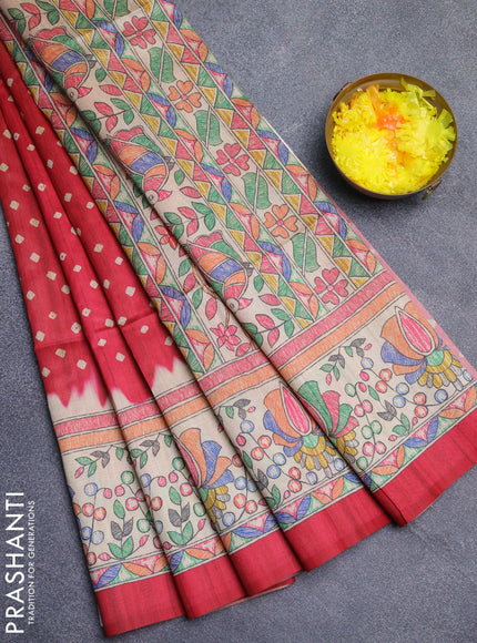 Semi tussar saree pink and beige with bandhani butta prints and madhubani printed pallu