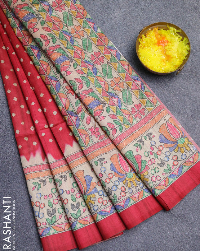 Semi tussar saree pink and beige with bandhani butta prints and madhubani printed pallu