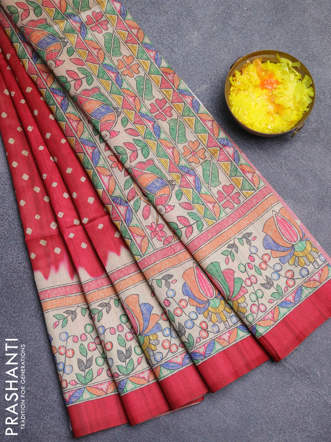 Semi tussar saree pink and beige with bandhani butta prints and madhubani printed pallu