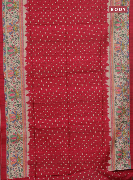 Semi tussar saree pink and beige with bandhani butta prints and madhubani printed pallu