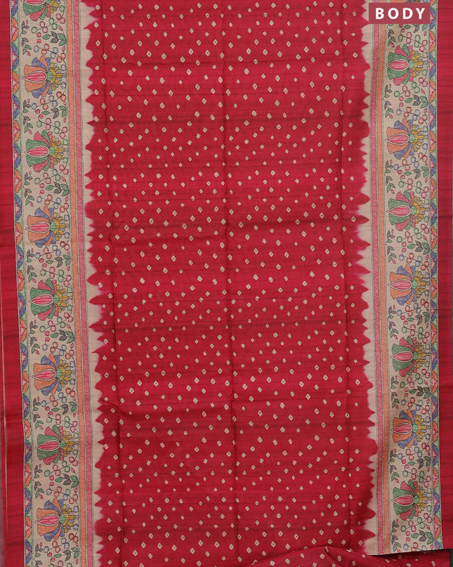 Semi tussar saree pink and beige with bandhani butta prints and madhubani printed pallu
