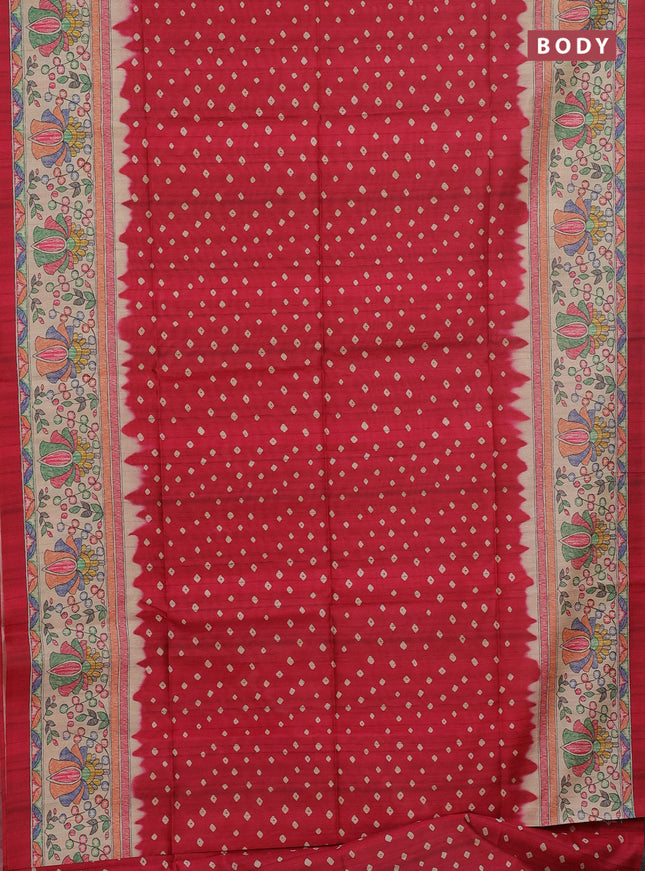 Semi tussar saree pink and beige with bandhani butta prints and madhubani printed pallu