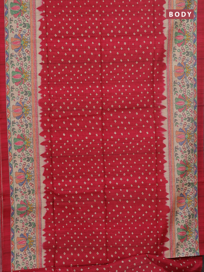 Semi tussar saree pink and beige with bandhani butta prints and madhubani printed pallu