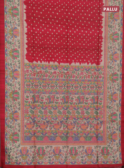 Semi tussar saree pink and beige with bandhani butta prints and madhubani printed pallu