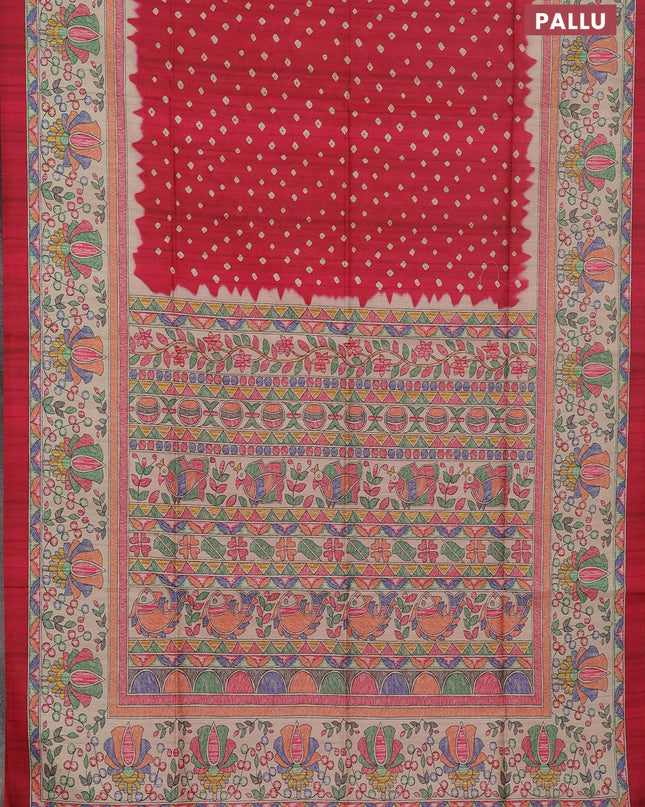 Semi tussar saree pink and beige with bandhani butta prints and madhubani printed pallu