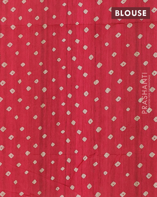 Semi tussar saree pink and beige with bandhani butta prints and madhubani printed pallu