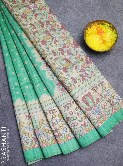 Semi tussar saree light green and beige with bandhani butta prints and madhubani printed pallu