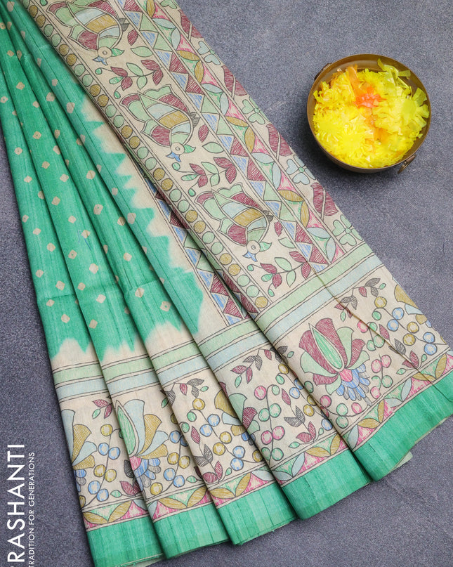 Semi tussar saree light green and beige with bandhani butta prints and madhubani printed pallu