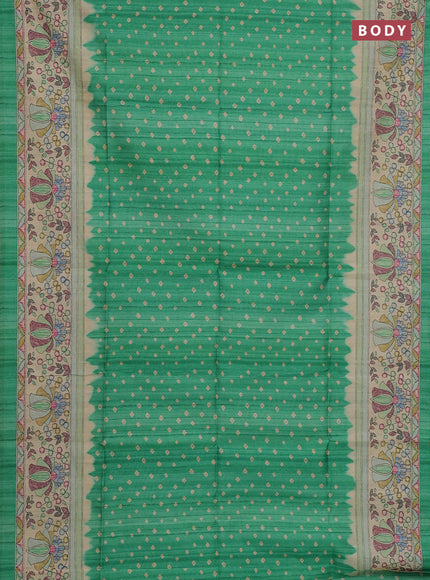 Semi tussar saree light green and beige with bandhani butta prints and madhubani printed pallu