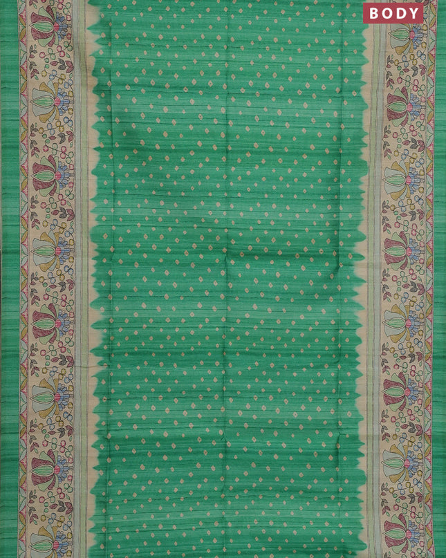 Semi tussar saree light green and beige with bandhani butta prints and madhubani printed pallu