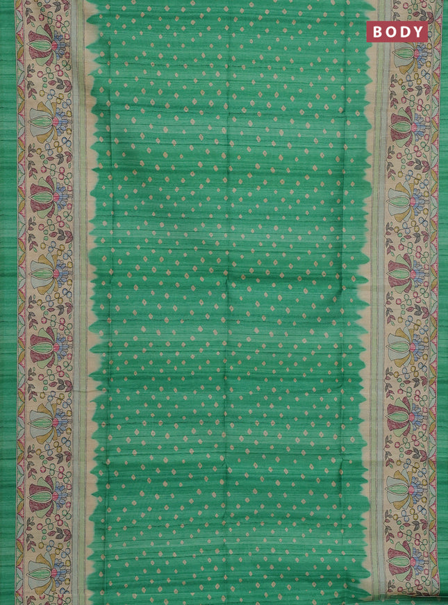 Semi tussar saree light green and beige with bandhani butta prints and madhubani printed pallu