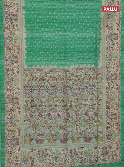 Semi tussar saree light green and beige with bandhani butta prints and madhubani printed pallu