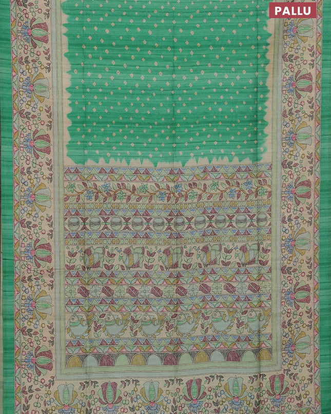 Semi tussar saree light green and beige with bandhani butta prints and madhubani printed pallu