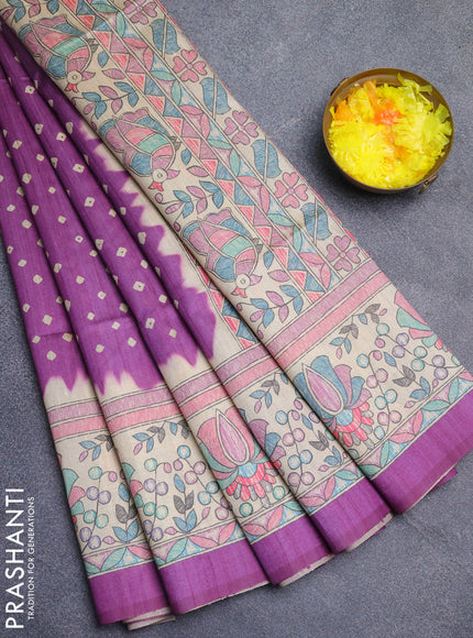 Semi tussar saree purple and beige with bandhani butta prints and madhubani printed pallu