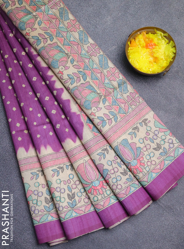 Semi tussar saree purple and beige with bandhani butta prints and madhubani printed pallu