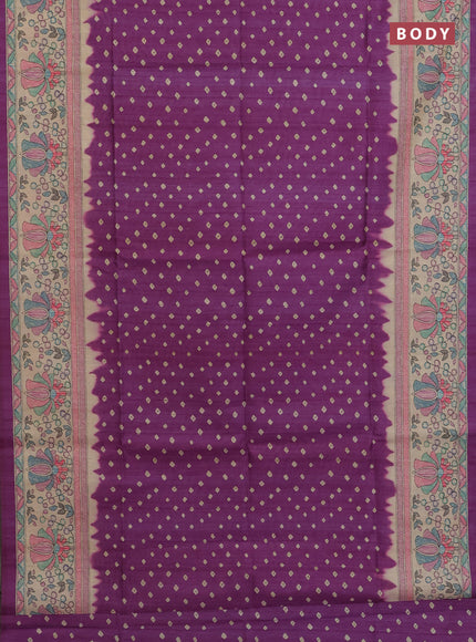 Semi tussar saree purple and beige with bandhani butta prints and madhubani printed pallu