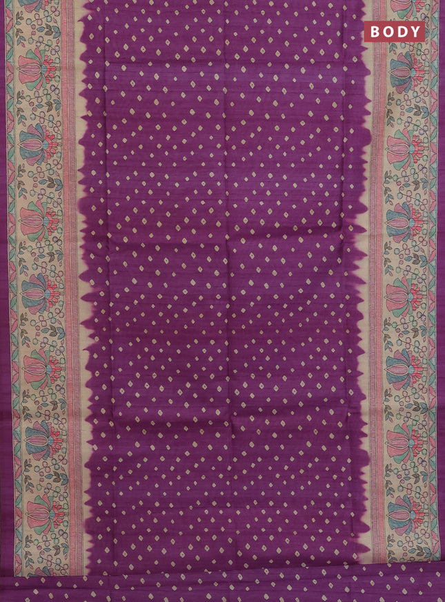 Semi tussar saree purple and beige with bandhani butta prints and madhubani printed pallu