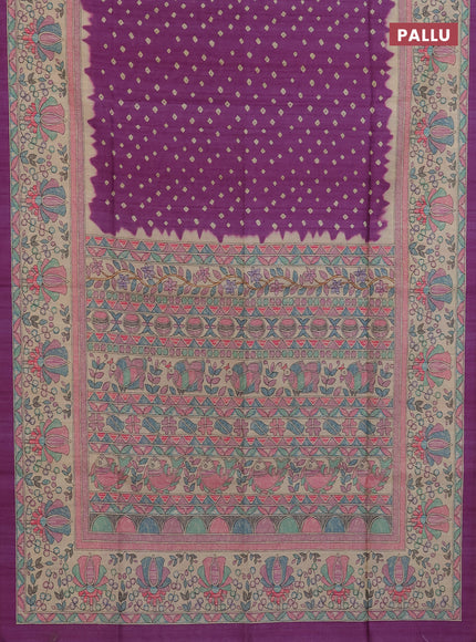 Semi tussar saree purple and beige with bandhani butta prints and madhubani printed pallu