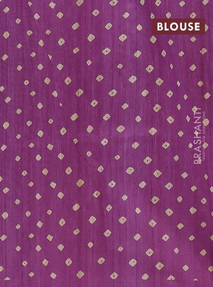 Semi tussar saree purple and beige with bandhani butta prints and madhubani printed pallu