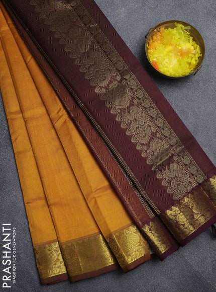 Silk cotton saree mustard yellow and coffee brown with allover vairaosi pattern and annam zari woven border